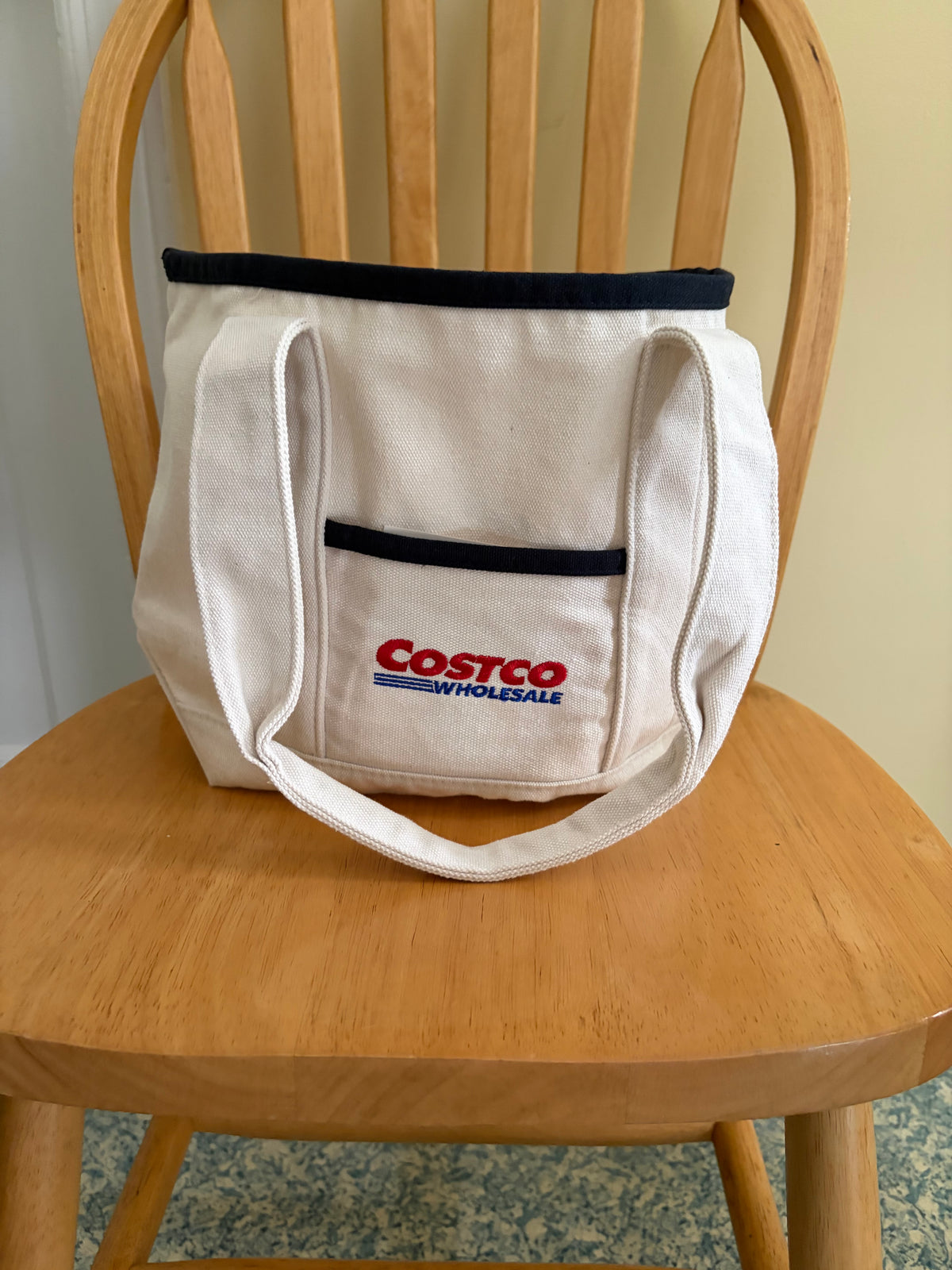 Costco Wholesale Mini Canvas Tote Bag – White with Navy Trim, Reusable Grocery & Everyday Carry Bag