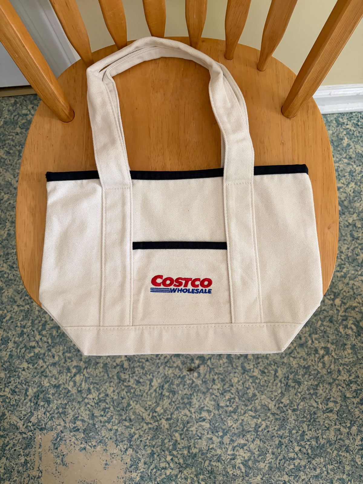 Costco Wholesale Mini Canvas Tote Bag – White with Navy Trim, Reusable Grocery & Everyday Carry Bag