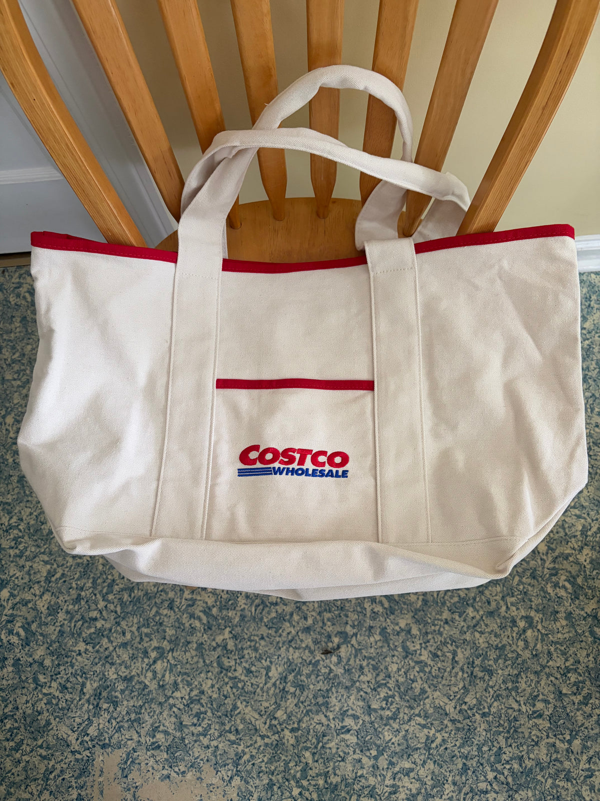 Costco Wholesale Large Canvas Tote Bag – White with Red Trim, Reusable Grocery & Everyday Carry Bag