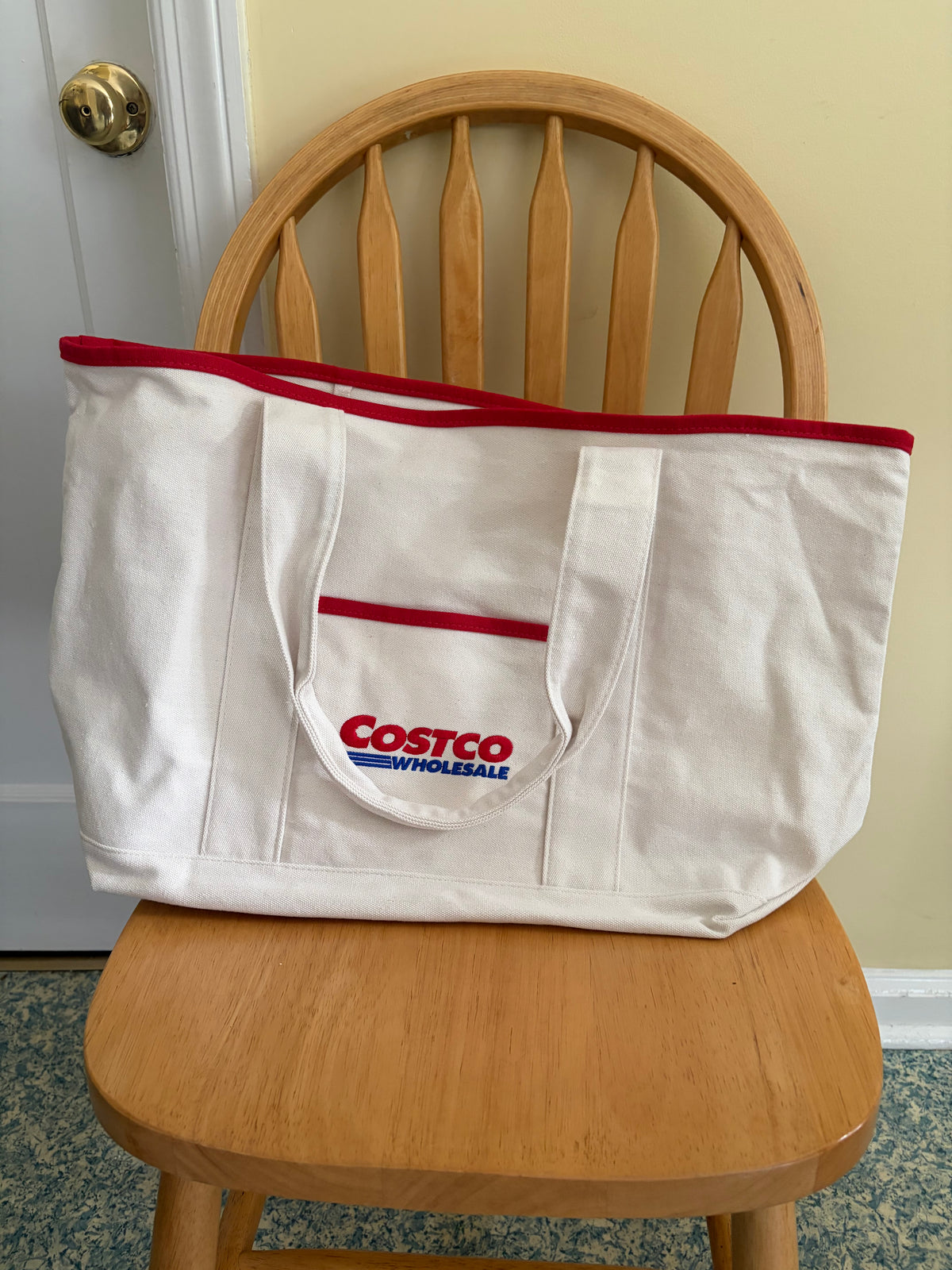 Costco Wholesale Large Canvas Tote Bag – White with Red Trim, Reusable Grocery & Everyday Carry Bag