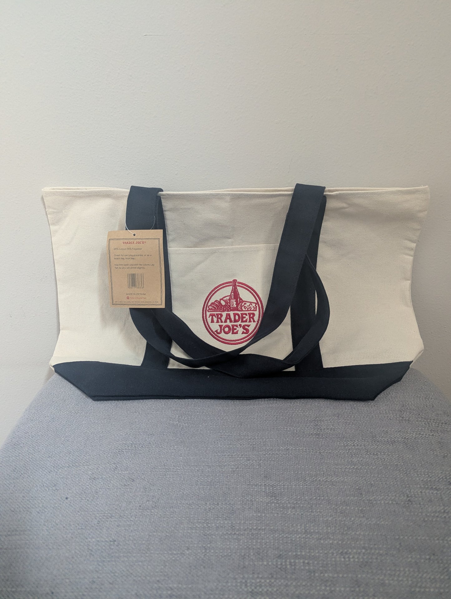 Trader Joe's Large Canvas Tote Bag (Cream & Navy)