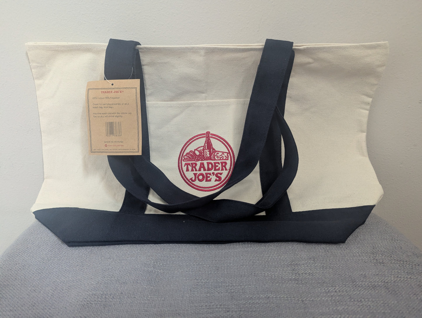 Trader Joe's Large Canvas Tote Bag (Cream & Navy)
