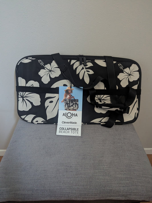 Aloha x CleverMade Collapsible Black Beach Tote – Oversized Water-Resistant Summer Bag